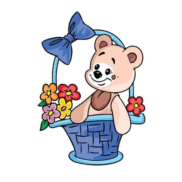 Urso de pelúcia com flores na cesta do presente — Vetor de Stock